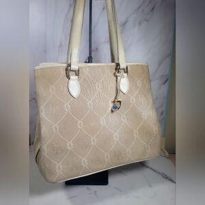 Dooney & Bourke Cream Signature Fabric Bag, Vintage Designer hand bag.